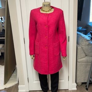 Pink coat with pink buttons.